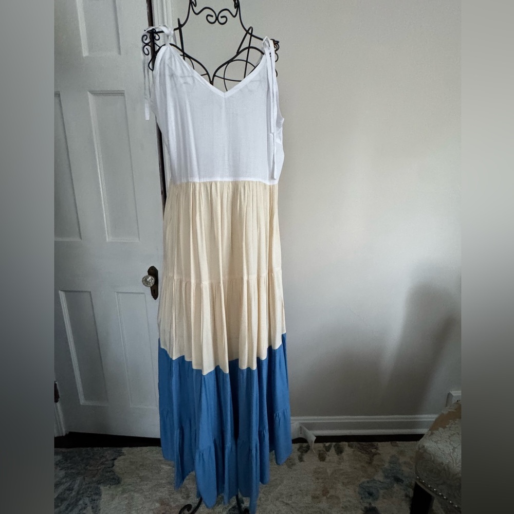 White, Cream, and Blue tiered Maxi Dress with tie spaghetti straps.